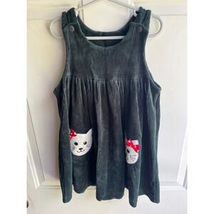 VTG Girls Green Corduroy Jumper Dress Kitty Holiday Applique Pockets‎ Dress Sz 4